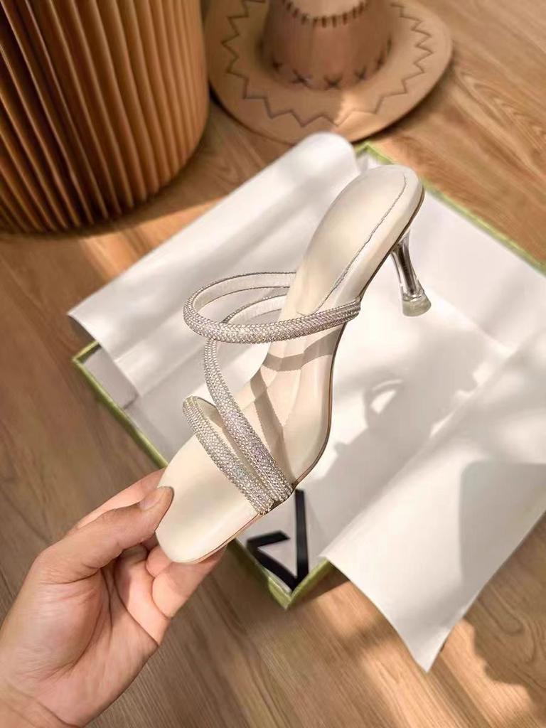 2025 Summer New Rhinestones Open-toed Thick High Heels Open-toed Sandals Women's Simple Square Head One-word Slippers