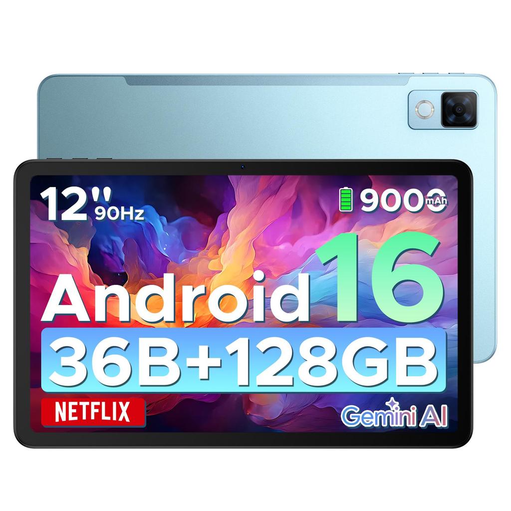 DOOGEE U12 Android 16 Tablet, 12 Inch, 90Hz, 24GB+128GB (2TB), Gemini AI Octa-Core, 9000mAh/18W, Widevine L1, 2.4G/5G WiFi, Face ID
