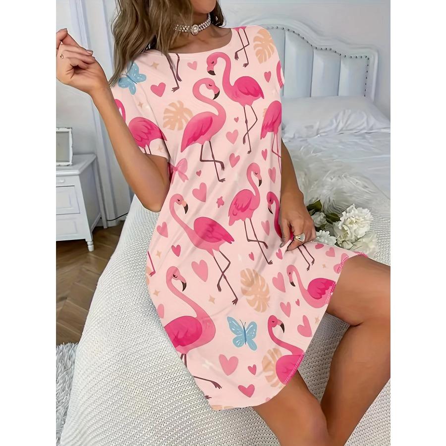 Damen Nachthemd mit rosa Flamingo- und Herz-Print, weiches Rundhals-Kurzarmkleid, ganzjährig bequem für Erwachsene