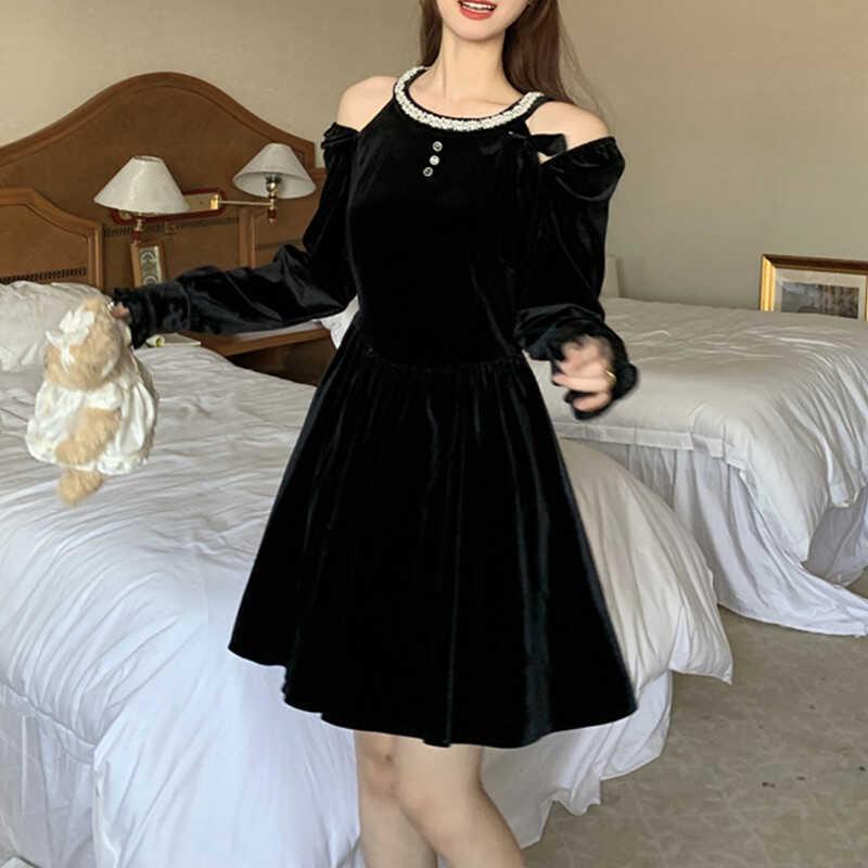 French Hepburn Off-Shoulder Velvet Little Black Dress - Retro Court Style, Petite Princess Dress