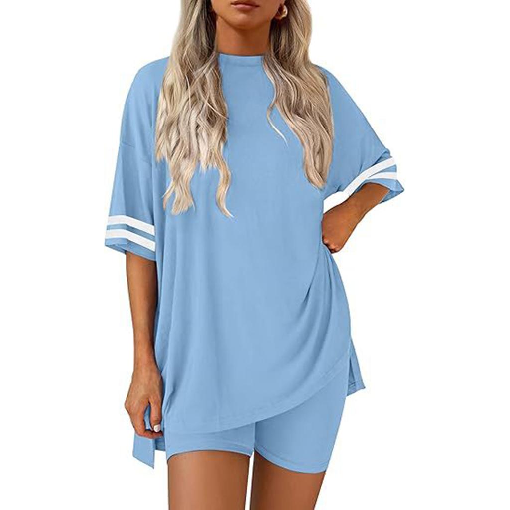Women's Fashion Casual Round Neck Color,Block Short Sleeve T,Shirt And Slim Shorts Home Wear Set