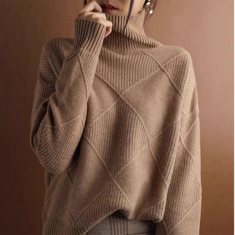 Autumn Winter Women's Plus-size Wool Sweater Loose Turtleneck Sweater Pullover Solid Color Wool Knitted Top