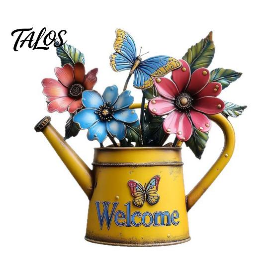 Country Style Entrance Decor Rustic Metal Watering Can Wall Art, Flower Butterfly Welcome Sign, Farmhouse Decorative Flowers for Fence Iron