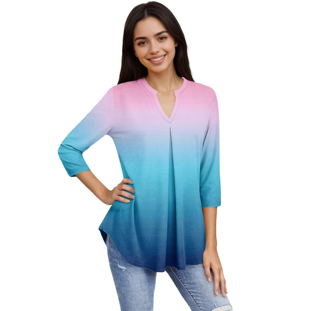 Women's Fashion Casual Three-Quarter Sleeve T-Shirt Printed V-Neck Top