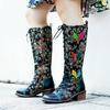 Johnature Botas largas de cuero genuino para mujer, zapatos hechos a mano con estampado Retro, Color a juego, con cordones, hasta media pantorrilla