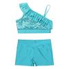 Dívčí Sequin Crop Top Set Asymetrické volánkové ramínka V-výstřih v přední části Pasové šortky Tanec Soutěž