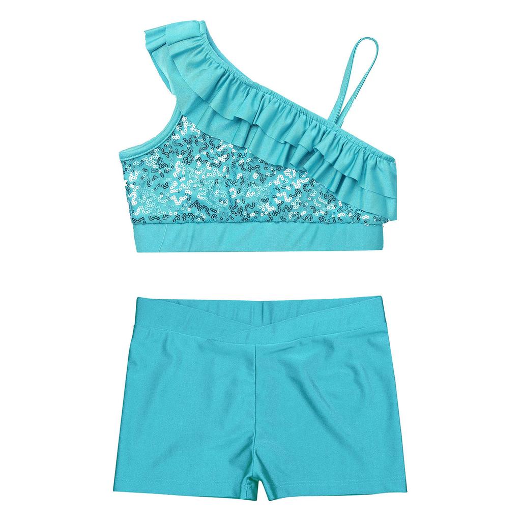 Dívčí Sequin Crop Top Set Asymetrické volánkové ramínka V-výstřih v přední části Pasové šortky Tanec Soutěž