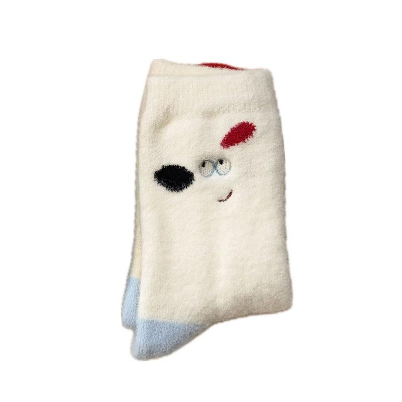 Autumn and Winter Cartoon Australian Fleece Thickened Warm Home Mid-tube Cute Plush Dog with Dotted Bow Embroidery Socks for Girls