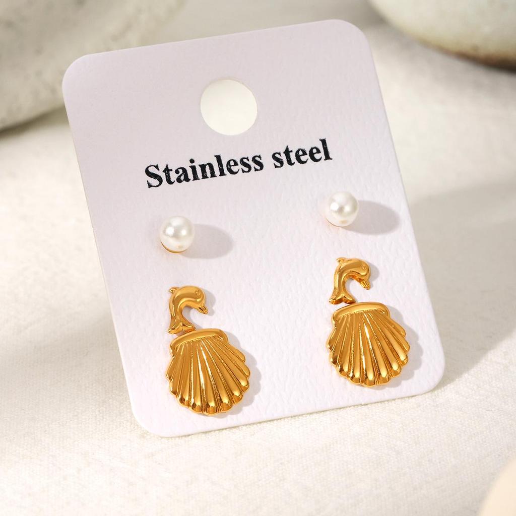 Luxury Set: Stainless Steel Pearl Stud, Dolphin Shell, Titanium Steel Earrings