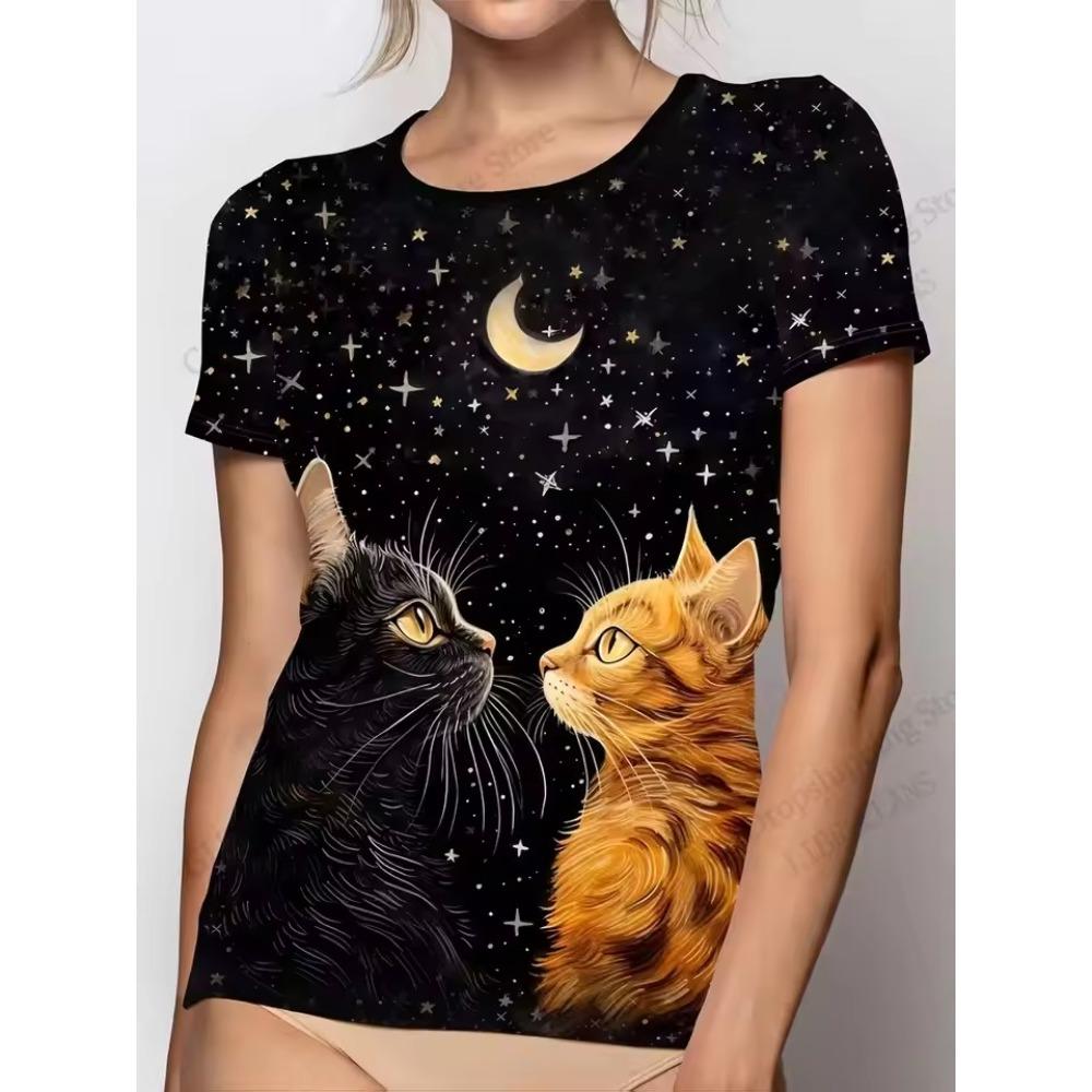 Summer Women's Elegant Personalized Cartoon Black Cat 3D Printed Top T-shirt Women's Casual Fashion Short Sleeve Top