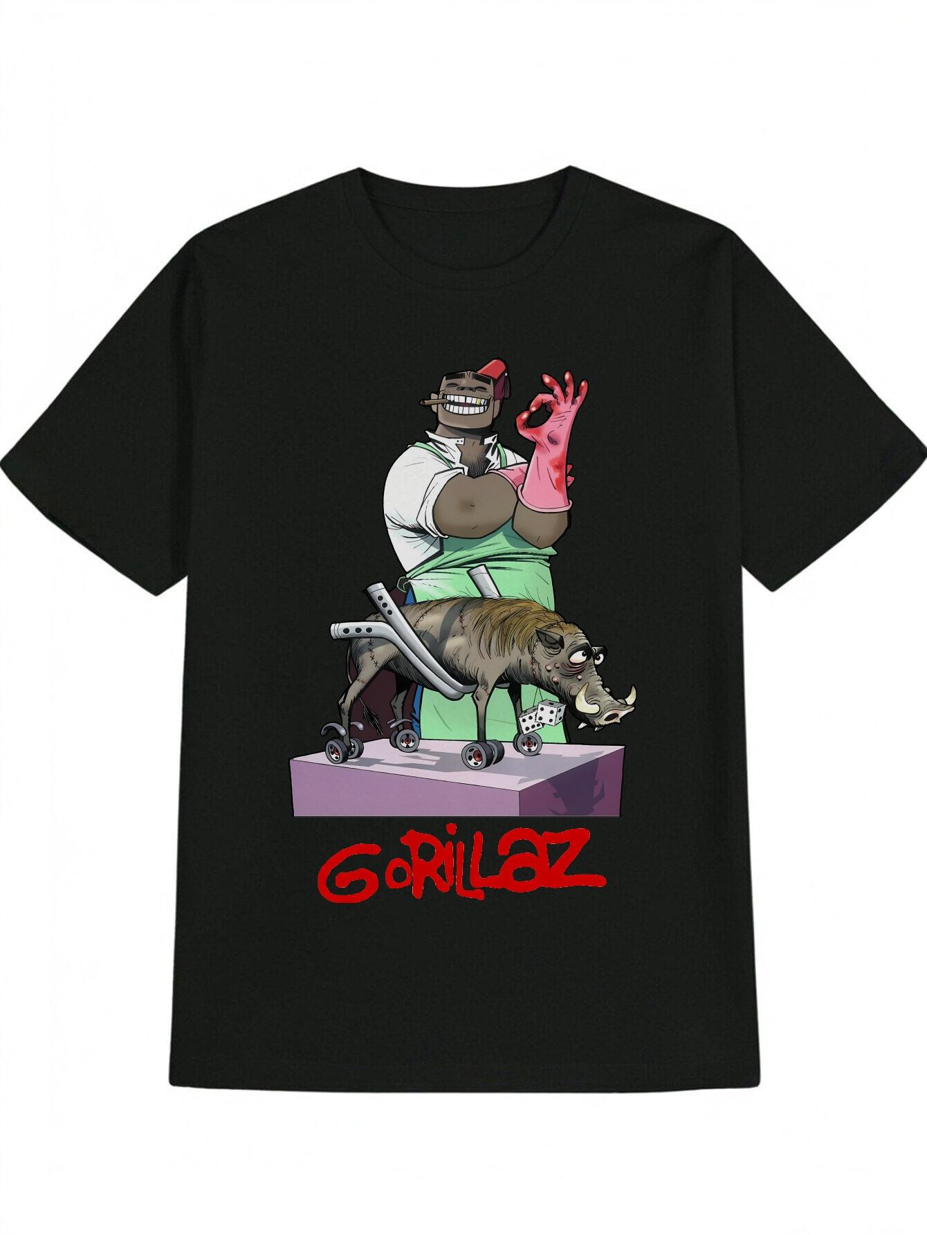 Casual Round Neck T-shirt with Gorillaz Band Graphic Print XXL
