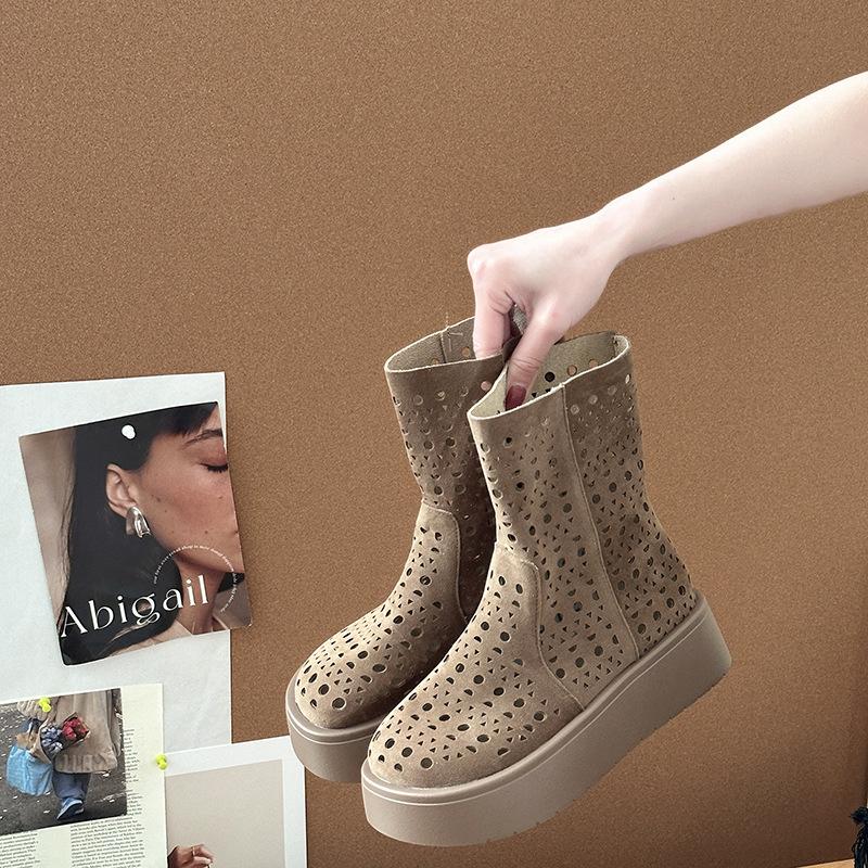 

Summer Women s Hollow Breathable Short Boots Flat Casual Mesh Hole Cool Boots Fad High Quality Womens High-top Boots Botas Mujer 35 хаки