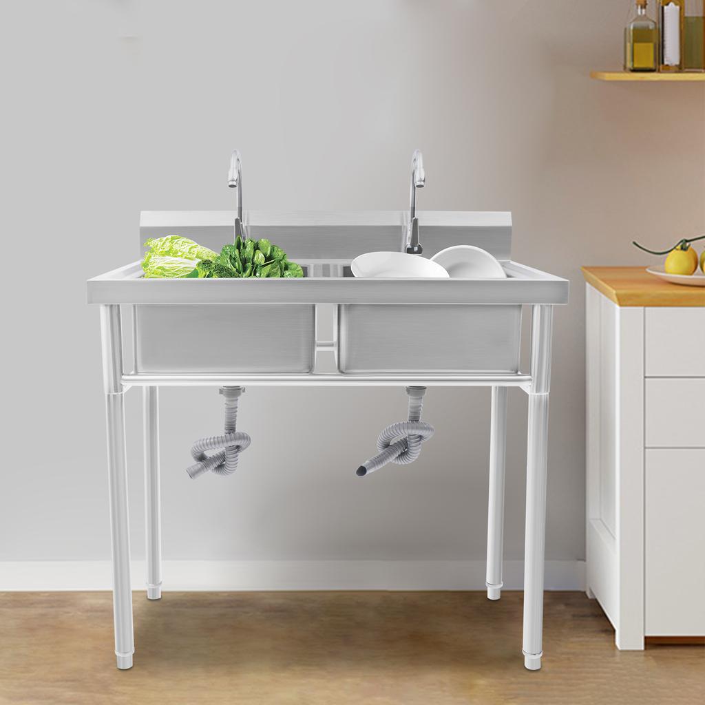 Commercial 2-Compartment Stainless Steel Utility Sink with Faucet- Free Standing Kitchen Sink for Restaurant, Garage & Laundry