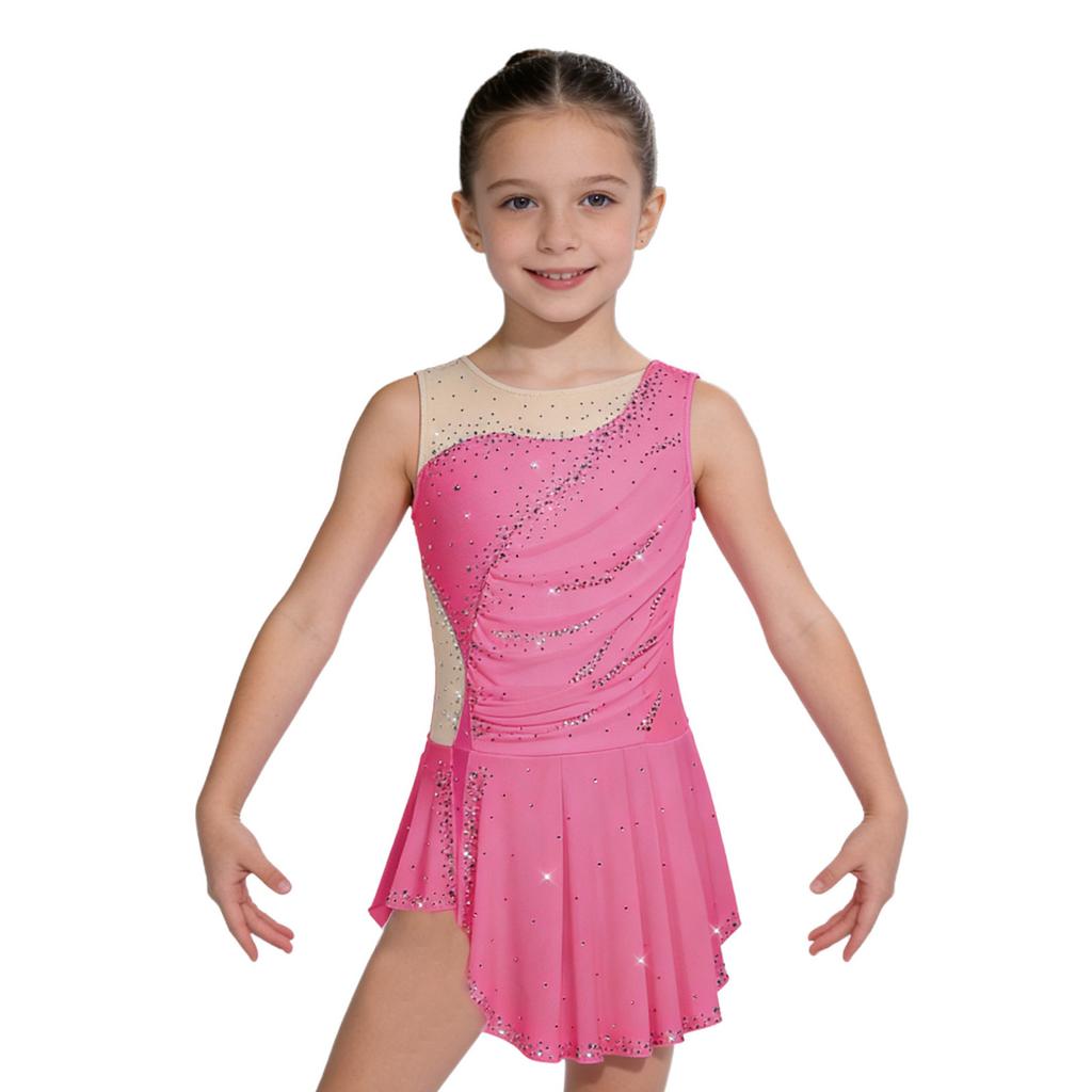 Kinder Gymnastik Schlittschuhlaufen Trikot Kleid Ärmellos Patchwork Strasssteine Raffung Netz Seiten Schlitz und Eingearbeitete Unterwäsche für Aufführung