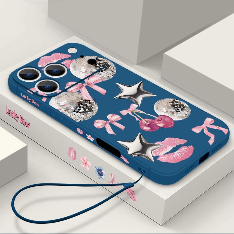 Für iPhone 17 Pro Max Hülle Kirsch-Schleifen Lippen Discokugel Weiches Silikon Lanyard Hülle Für iPhone 16 Pro Max Hülle iPhone 15 14 13 12 11 16E