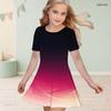 Girls Round Neck Short Sleeve Colorful Swirl Printed A Line Flared Dress