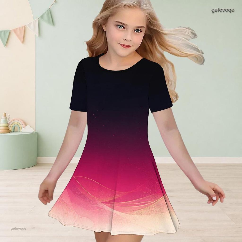 Girls Round Neck Short Sleeve Colorful Swirl Printed A Line Flared Dress