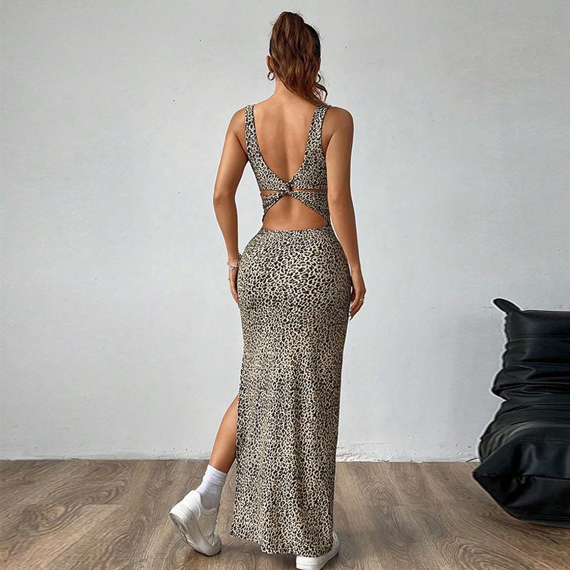 Summer Square Collar Leopard Printed Side Slit Long Dress Women Streetwear Bodycon Dress Sexy Sleeveless High Waist Tank Dresses