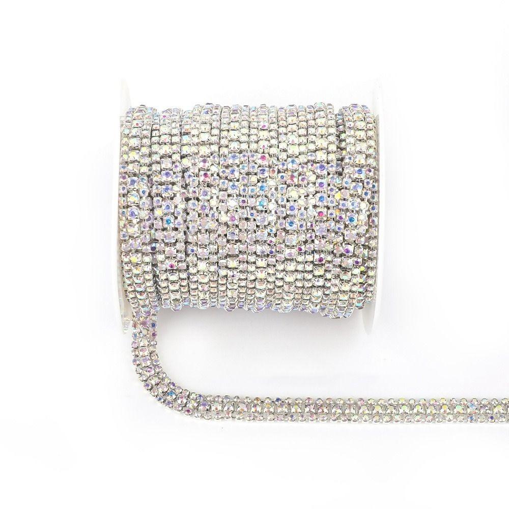 

3Yards Rhinestone Crystal Chain Trim 3 Rows Silver Base Sewing Trim Colourful Bling Close Chain Wedding Cake Bouquet Clothes DIY белый