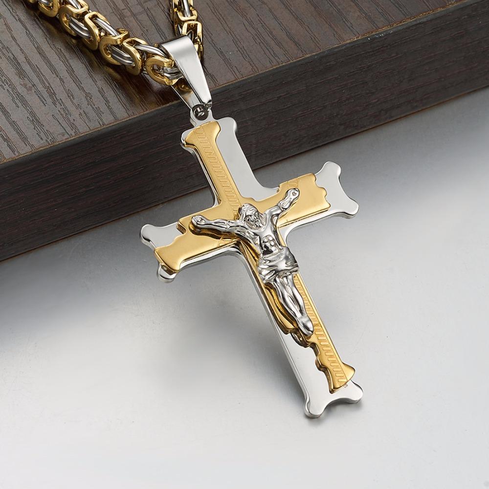 Cross Pendant Necklace Fashion Male Jewelry Trendy Silver Color Gold Color Stainless Steel Thick Link Byzantine Chain Choker