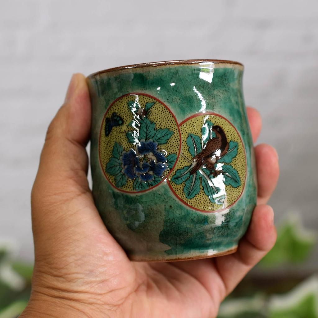 Waza no Kura Stylish Pair of Kutani Ware Green Circle Brand Japanese Made in Perfect for Wedding 60th 70th 77th 80th 88th Gift Teacups, Pattern,
