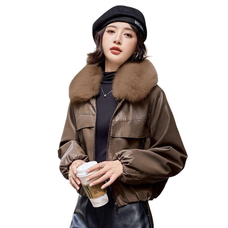 Fleece Thickened Removable Women's Fur Collar Short New Leather Jacket Autumn and Winter Loose and Thin Jacket