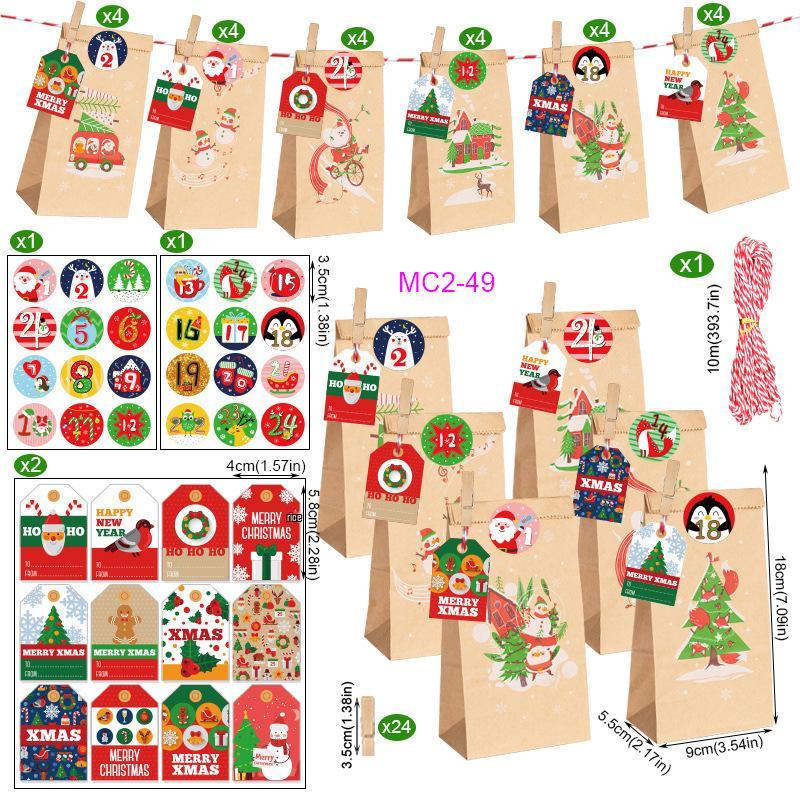 Christmas Advent Calendar Kraft Gift Bags Set - 24 Pieces