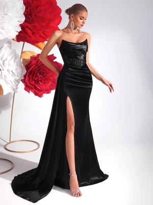 European American Black Strapless Slim Fit Evening Gown with Slit and Train