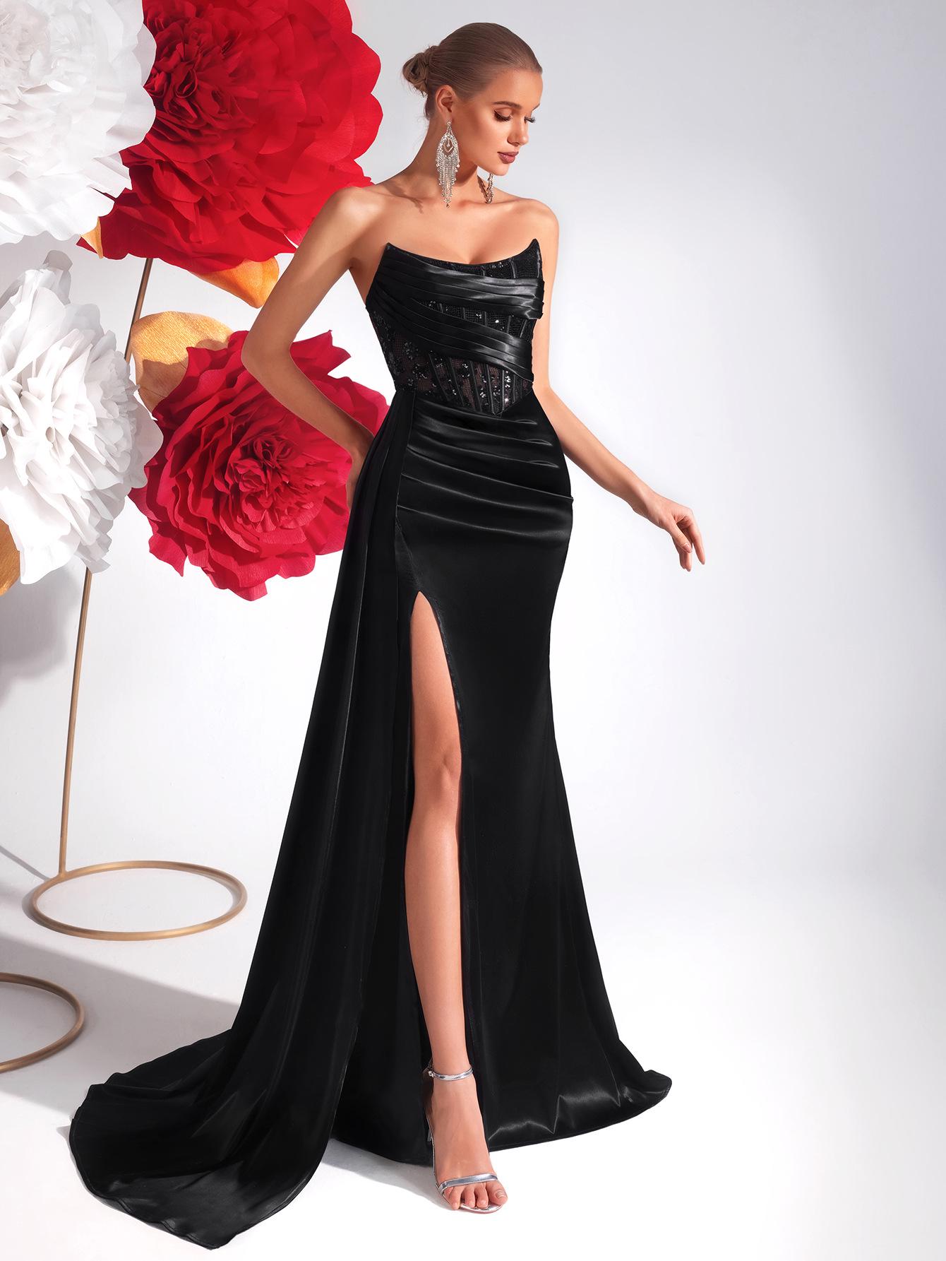 

European American Black Strapless Slim Fit Evening Gown with Slit and Train Extra Small чорний
