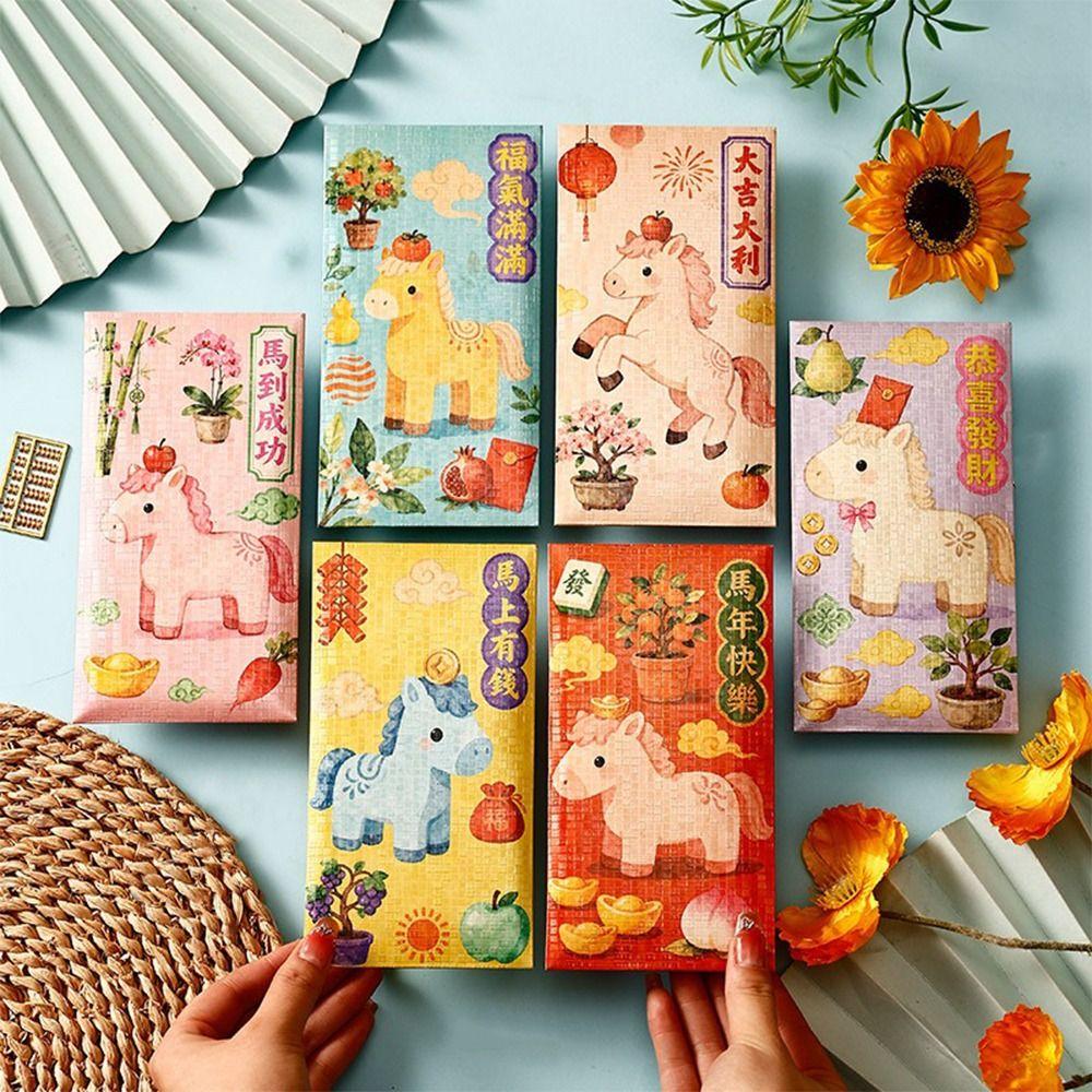 6pcs 2026 Horse Year New Year Red Envelope Traditional Good Lucky Red Pocket Blessing Pattern Hongbao Money Envelopes