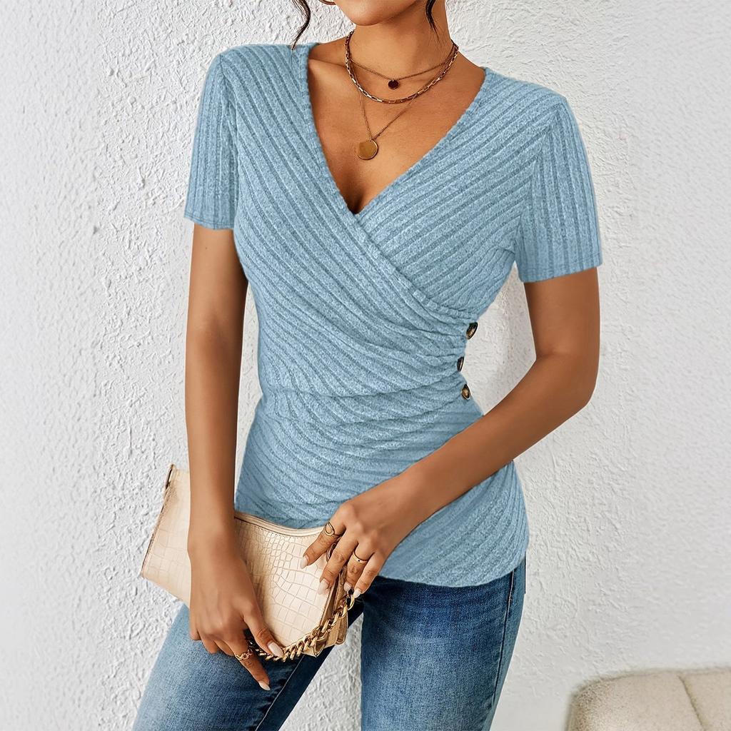 Women's Fashion Casual Color V-neck Casual Short-sleeved Top