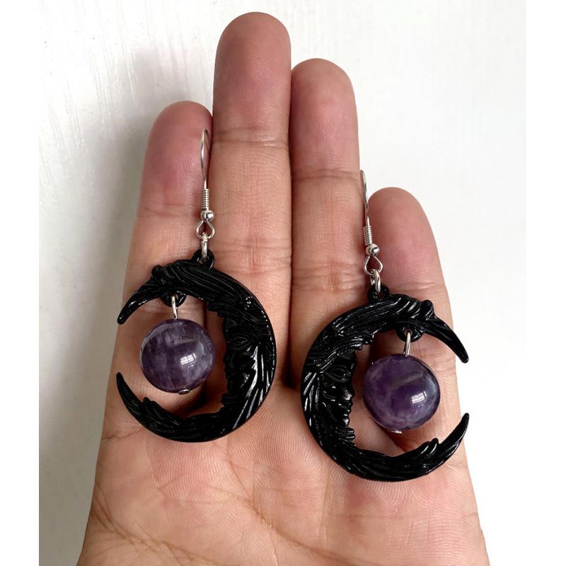 Dark Gothic Purple Crystal Moon Earrings