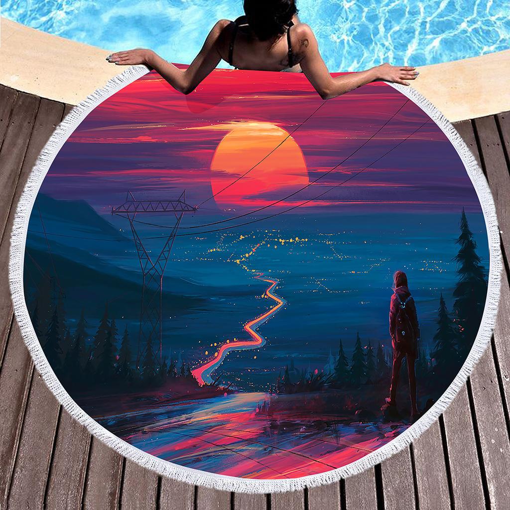 Sunrise Scenery Print Round Beach Towel,Polyester Soft Sand Resistant Beach Blanket,Absorbent Quick Dry Pool Towel Picnic Mat