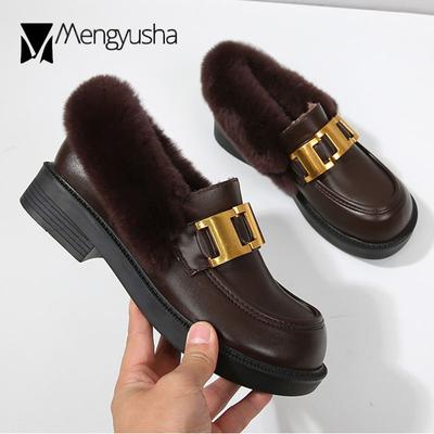 Mode Übergröße 43 Winter Kaninchenfell Ballerinas Frau Metallschnalle kleine Lederschuhe für Damen Derbys dicke Absätze großer Zeh Plüsch Loafer