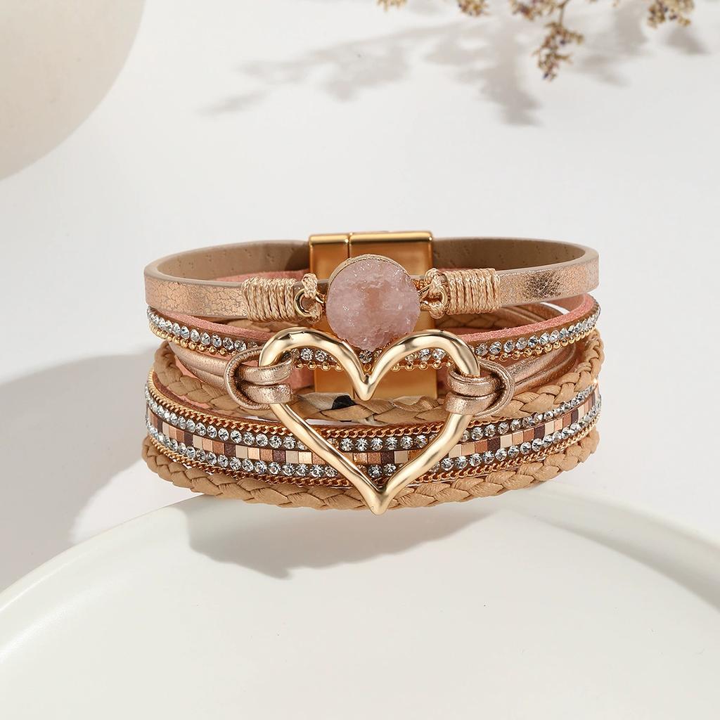 1pc Boho Chic Multilayer Faux Leather Wrap Bracelet with Handmade Braiding, Vintage Style, Big Golden Heart Charm