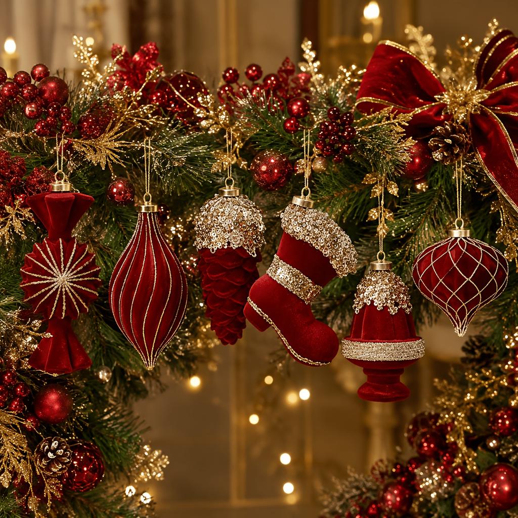 Red Flocked Christmas Tree Ornament 6-Piece Set - Irregular Shaped Ball Pendants for Luxurious Holiday Scene Decor