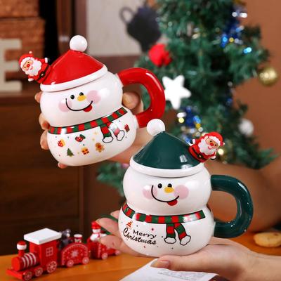 Kreative Weihnachts-Schneemann-Keramiktasse mit Deckel und Löffel, Kaffeetassen mit großem Fassungsvermögen, Bürotasse für Frühstücksmilchtee, Geschenk für Studenten