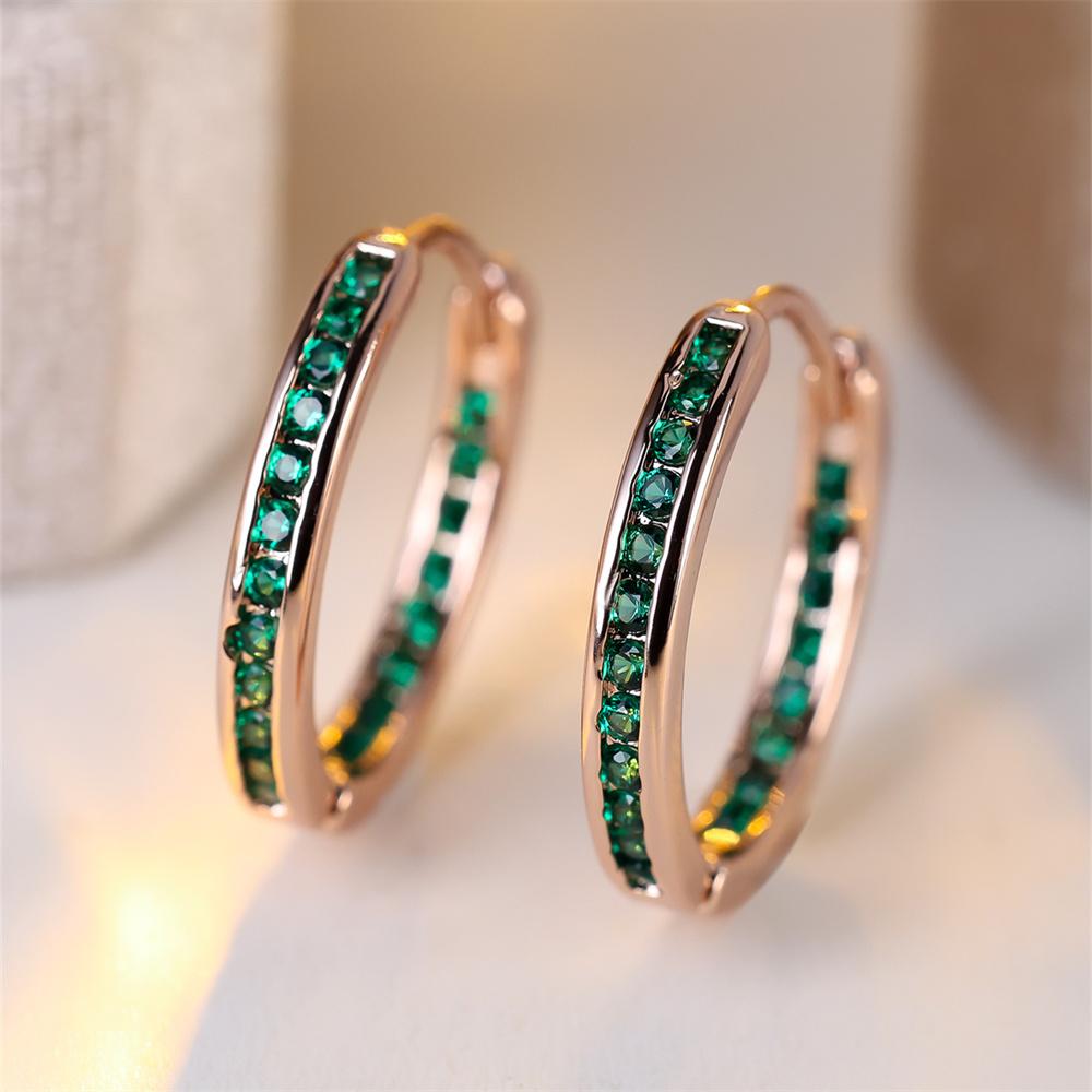 

Trendy Green Crystal Hoop Earring Single Row Small Round Stone Earrings For Women Vintage Rose Gold Silver Color Wedding