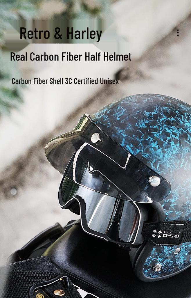 3C Certified Retro Harley Carbon Fiber Motorcycle Helmet, Unisex All-Season Winter Half Helmet