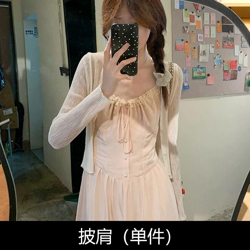 Gentle style set: solid color knitted cardigan, summer layered lace trim patchwork slip dress
