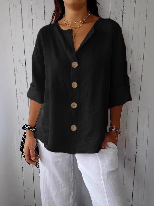 Women's 2025 Summer V-neck Cotton Linen Loose Button Shirt