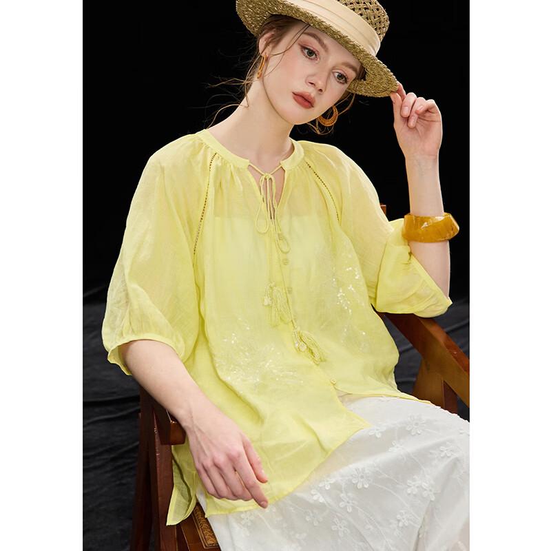 Women s 100% Ramie Embroidered Loose Half-Sleeve Shirt L светло-желтого