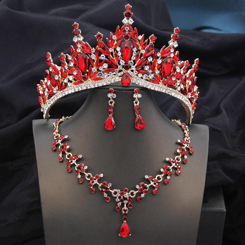 Queen Bridal Jewelry Sets for Women Pink Tiara Wedding Dress Crown With Necklace Earring Set Party Birthday Costume Accessories
