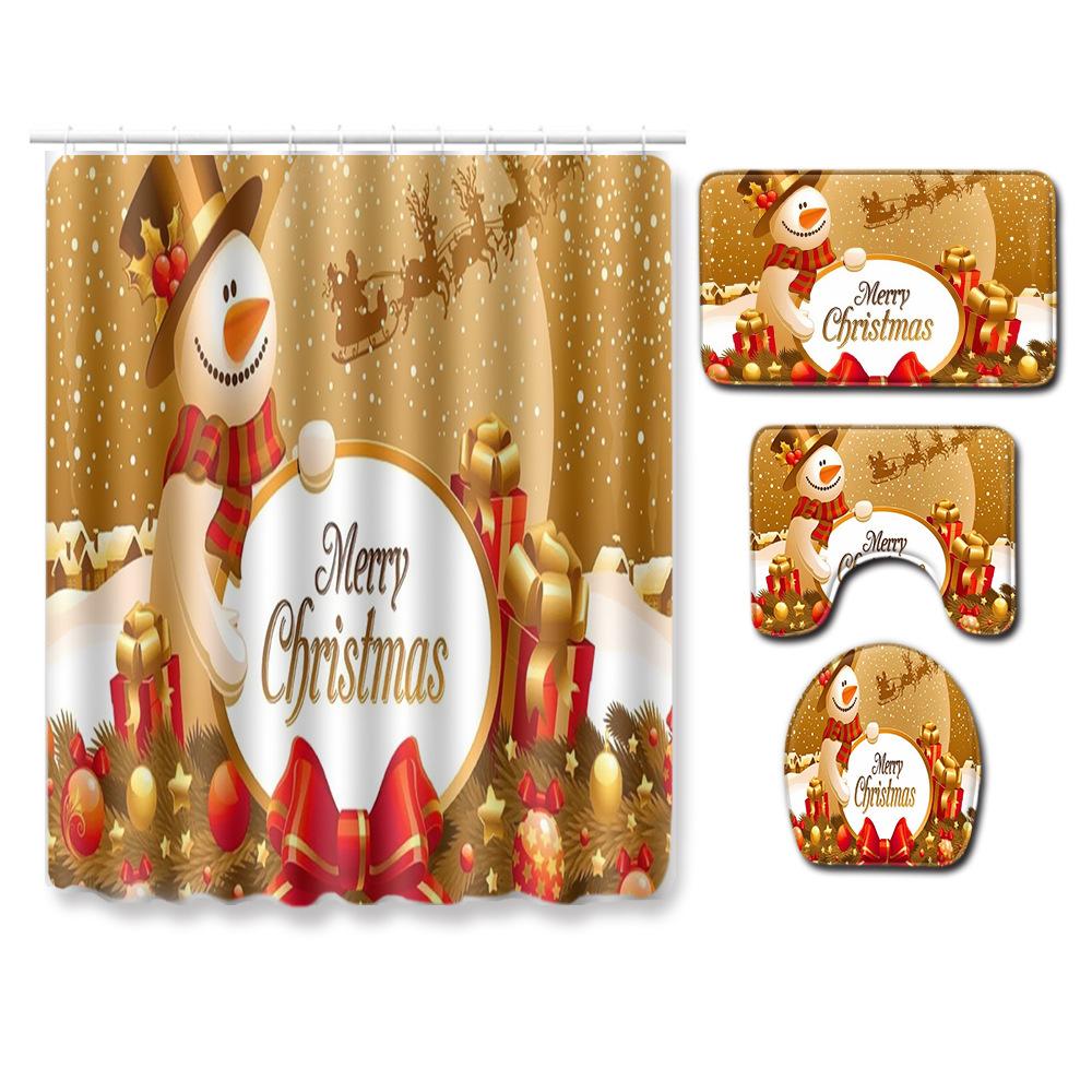 Christmas Shower Curtain Floor Mat Combination Four-Piece Set Bathroom Toilet Carpet Shower Room Mat Foot Mat
