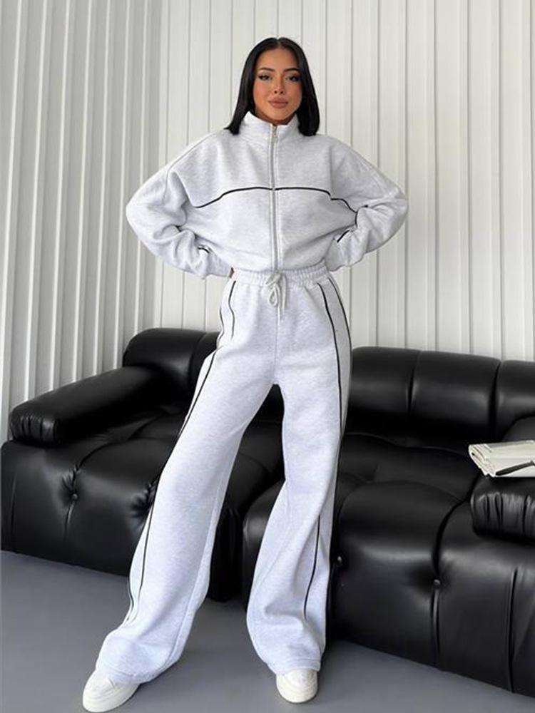 European and American Casual Set with Long Sleeve Cardigan Hoodie and Lace-up Striped Pants
