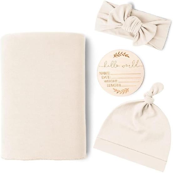 Baby Swaddle Set Newborn Hat Headband Beanie Swaddling Blanket Newborn Infant Swaddle Hat Baby Blankets for Baby Girl Boy