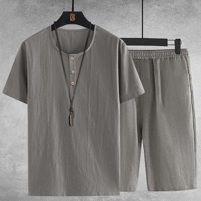 Summer Cotton and Linen Suit Men's Loose Breathable Casual Sports Short-sleeved T-shirt Shorts Two-piece