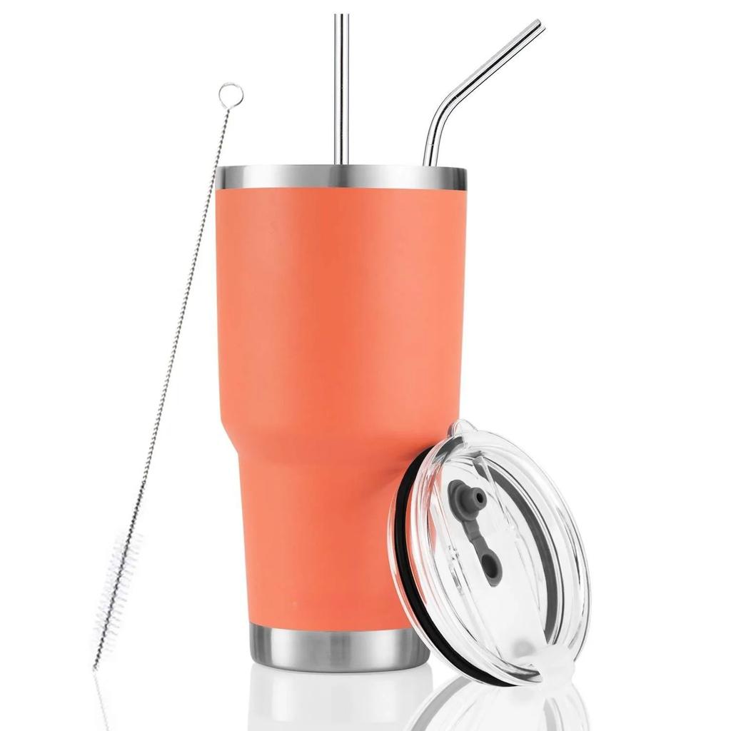 Gobelet 30 oz Double paroi Acier inoxydable Isolé sous vide Mug de voyage avec couvercle anti-éclaboussures Paille en métal et brosse