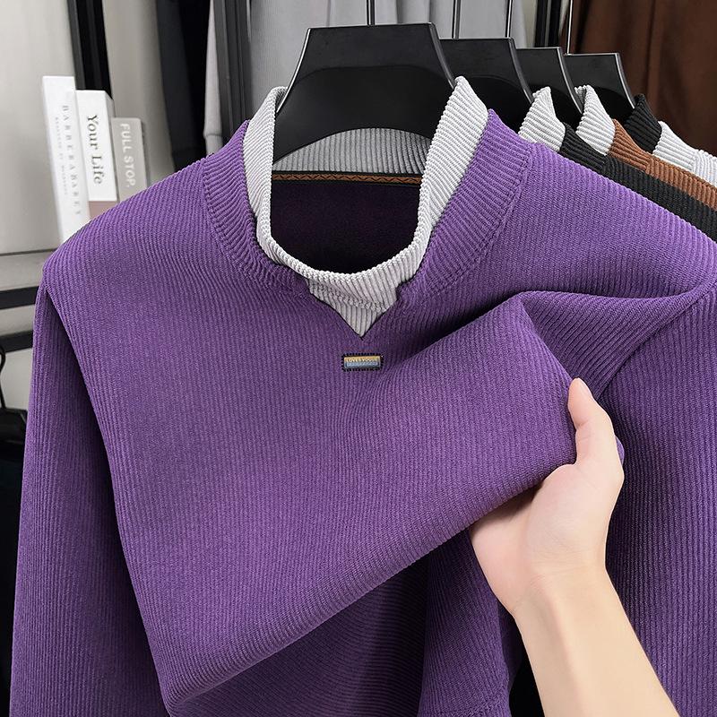 Men s Korean Style Plush Knitwear: Two-Piece Look, Thick Warm Base Layer Sweater for Winter. XL