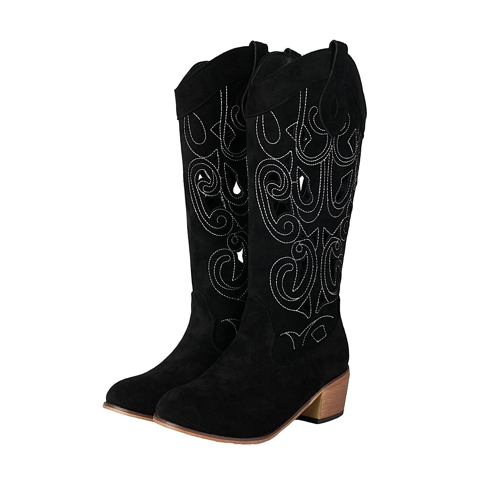 

Cowboy Western Boots for Women Cowgirl Mid Calf Summer Boots Embroidered Hollow Out Shoes with Chunky Heel 45 чёрный